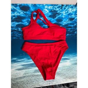 ☀️Red Shoulder High Waisted Bikini Set Two Piece Swimsuit Size Large